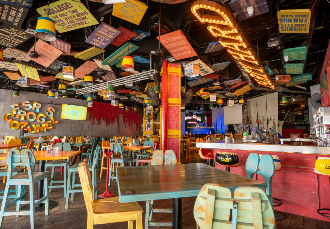 The colorful dining room at Señor Frog’s Cozumel Punta Langosta