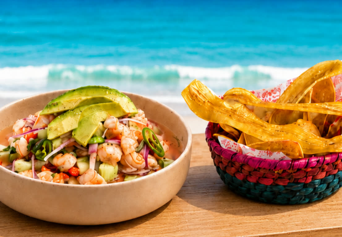 Ceviche de camarón con plátano frito de Señor Frog’s Panama City Beach