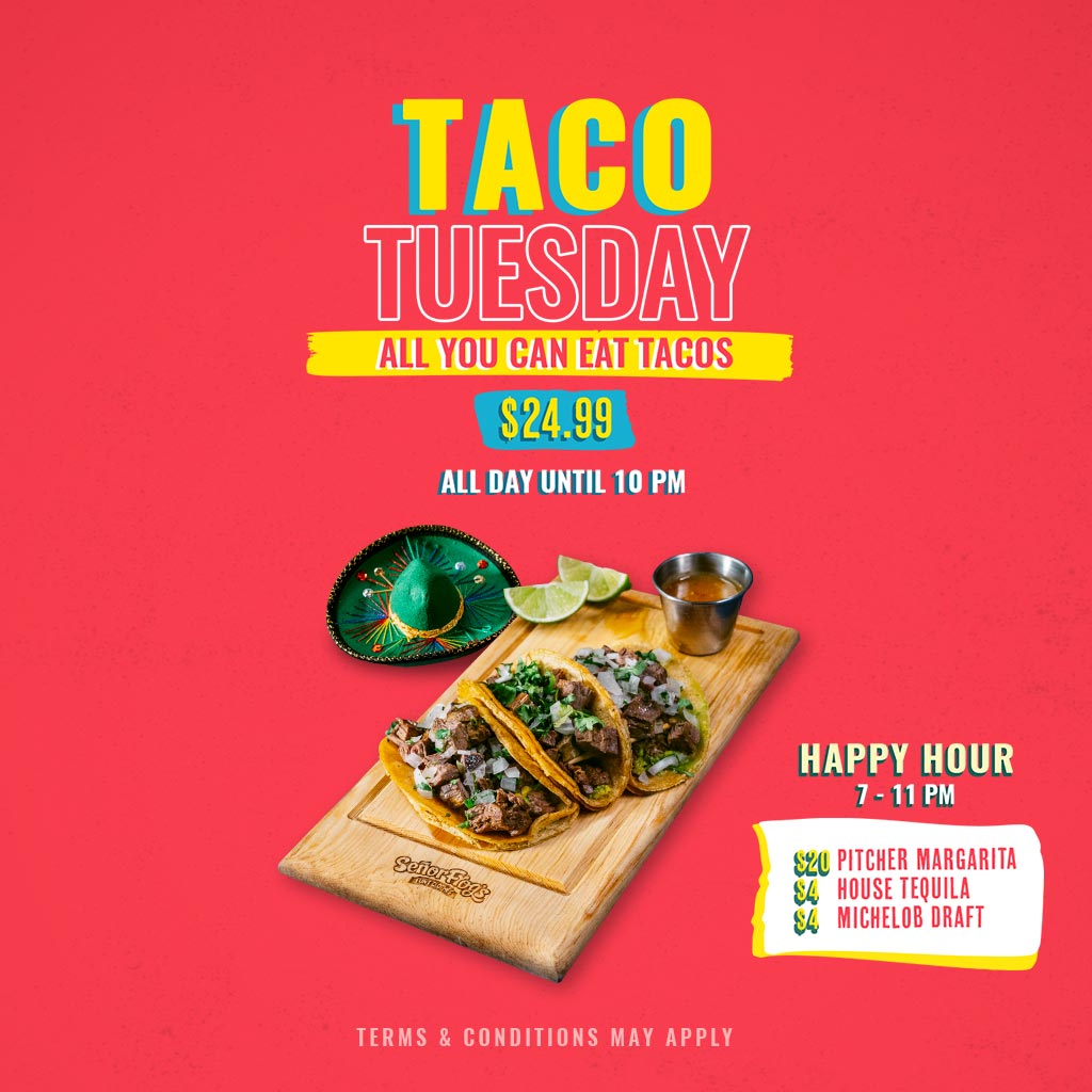 Taco Tuesday: tacos a discreción, todo el día hasta las 10 PM, con happy hour